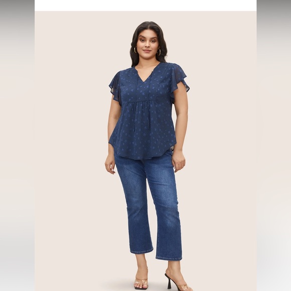 BloomChic Midnight Blue Flutter Sleeve Blouse - Picture 2 of 6